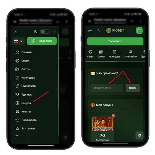 Применение промокода в Riobet Casino
